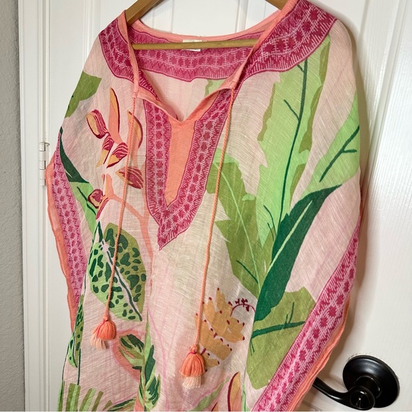 Spartina 449 Pink Green Palm Leaf Linen Blend Kaftan Dress OS Resort Beach Lake - Picture 2 of 7